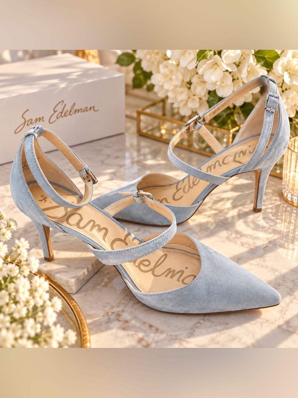 Sam Edelman Powder Blue Suede Pointed-Toe Ankle-Strap Heels